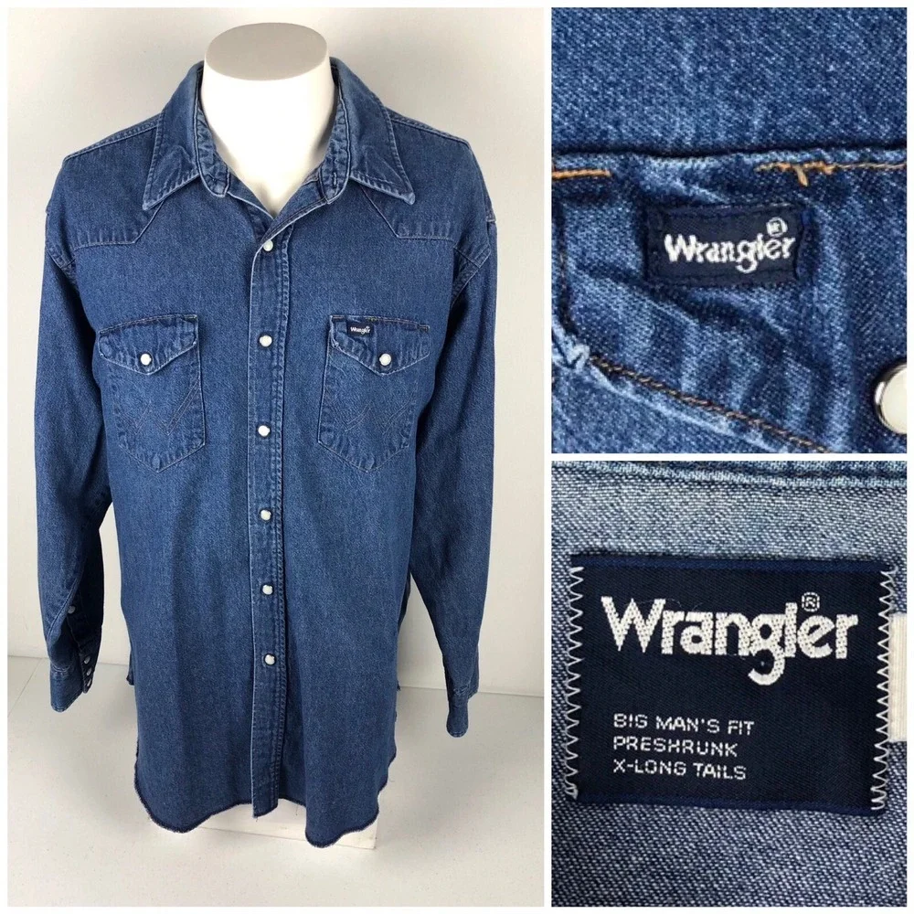 Wrangler Vintage Mens 19 X 35 Shirt Pearl Snap Denim Big Mans Fit X Long Tail